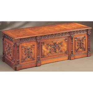 Myrtle Burl Wood Veneer Executive <b>Desk</b> Hand-Carved Brass Hardware Rectangular Brown <b>Desk</b> with 1-Year Warranty - Product Image 1
