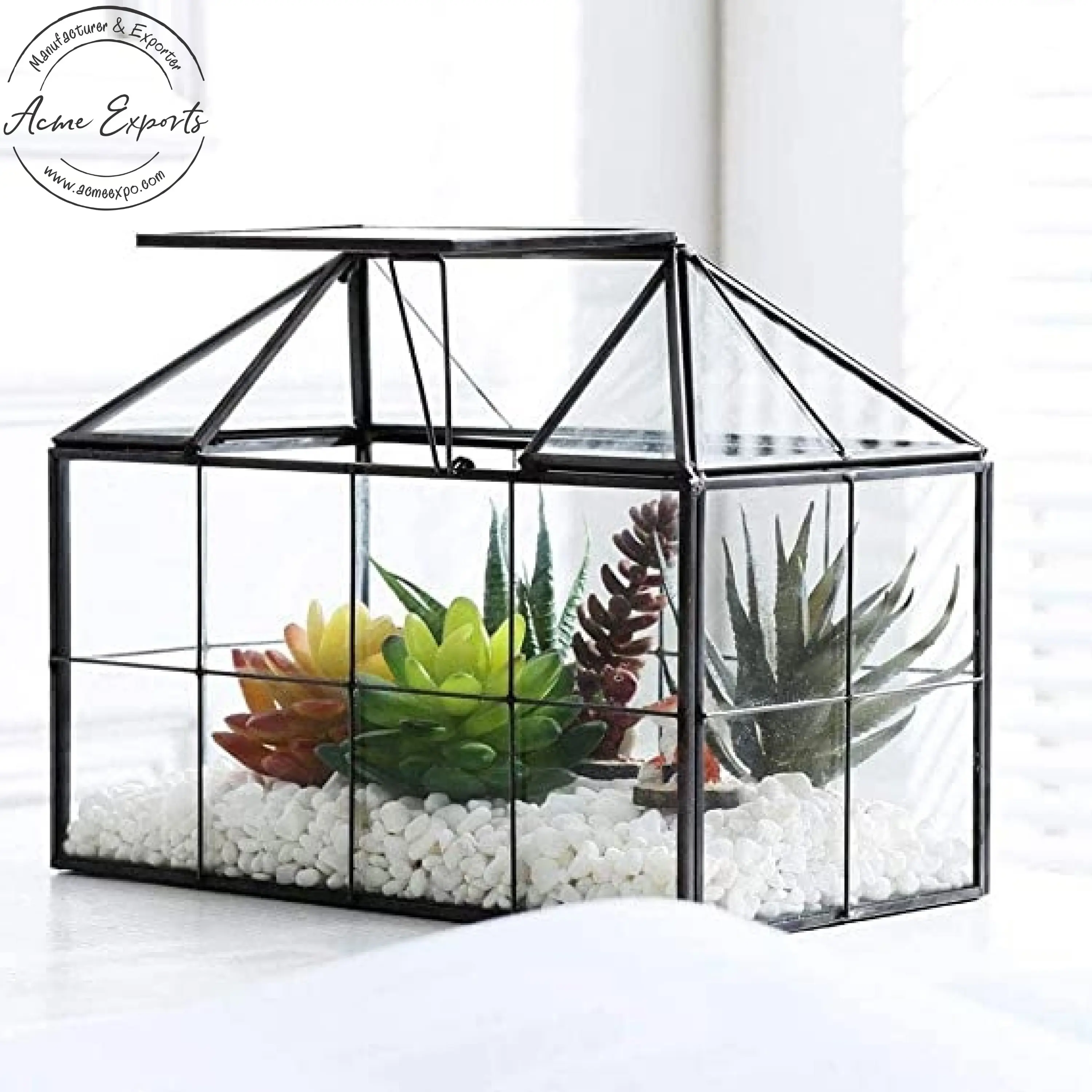 Luxe Kwaliteit Huisvorm Geometrisch Sappig Ijzer & Glas Terrarium Met Schommeldeksel Voor Tuinplanten Pot Indoor Plant Display.