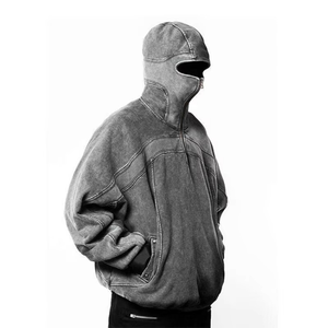 Fabricant Logo personnalisé Épaules tombantes Vintage Acid Wash Fashion Denim Full Zip up Streetwear Balaclava Hoodie - Product Image 3