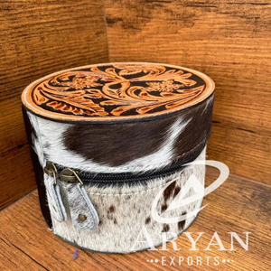 Caja de joyería redonda de cuero con herramientas de calidad superior, joyero de vaquera occidental para mujer, joyero de viaje de cuero de vaca grabado - Product Image 1