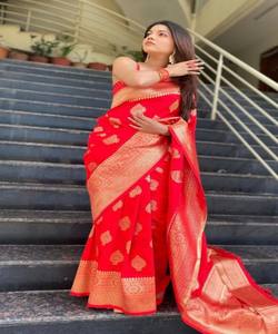 TENDANCE DOUCE LICHI SOIE JACQUARD TRAVAIL SAREE AVEC BLOUSE NON COUCHÉE RÉCEPTION PORTER PRIX DE GROS VÊTEMENT ETHNIQUE ROUGE - Product Image 1