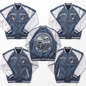Wholesale Supplier Satin Souvenir Jacket Royal Navy Cream Sea Otter Kelp Embroidery Baseball Bomber <b>Coat</b> - Product Image 1