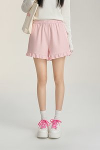 Shorts Casuales de Mujer al por Mayor, de Cintura Alta, Tejido Acanalado, con Dobladillo con Volantes, Cintura Elástica, Ajuste Relajado, Transpirables y de Secado Rápido - Product Image 2