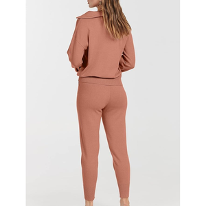 Conjunto informal de 2 piezas de algodón 100% para mujer, pantalón largo y cuello con cremallera, chándal de estilo informal para chándales de invierno - Product Image 4