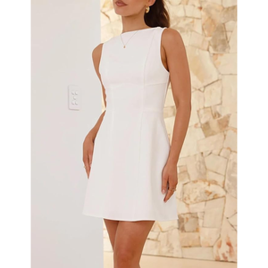 Vestido de tanque transpirable elegante de algodón sin mangas de verano para mujer, minivestidos ajustados informales con cuello redondo fruncido - Product Image 2