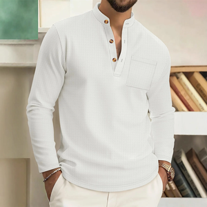 Camiseta de Hombre 2026, Estilo Waffle, Manga Larga, Cuello Alto, Color Sólido, Casual, con Bolsillos, Estilo Europeo Americano, 100% Algodón Tejido - Product Image 3