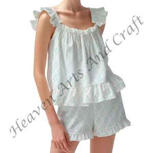 Hand Block Printed Cotton Shorts <b>Pajama</b> Set Ladies Floral <b>Summer</b>/Autumn Vacation Fitted Strappy Ruffle Trim Sleeves PJ Set - Product Image 2