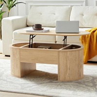 Table basse relevable ovale en chêne naturel rainuré, design japonais moderne, extensible, pour salon – Meuble de salon dissimulé – Ventes flash