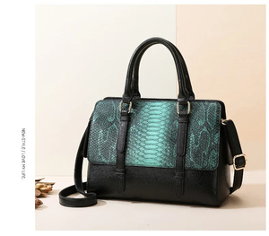Sac fourre-tout en similicuir pour femme avec motif serpentins, noir et vert sarcelle, sac à bandoulière classique pour usage quotidien - Product Image 3