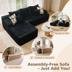 Canapé sectionnel <span class=keywords><strong>sans</strong></span> <span class=keywords><strong>cadre</strong></span> ni structure en ossature, noir, 96 pouces, en forme de L avec chaise longue gauche, compressé sous vide, pour salon et appartement - Product Image 4
