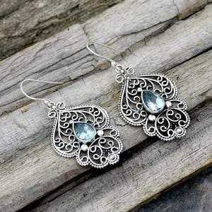 Boucles d'oreilles pendantes en topaze bleue pour femmes, bijoux en argent sterling 925, cadeau - Product Image 3