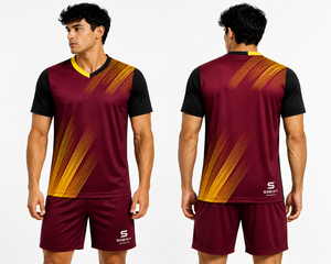 ชุดเสื้อฟุตบอลชาย SINEWY SPORTS สีแดงเลือดหมู ดำ เหลือง คอวี แขนสั้น ระบายเหงื่อได้ดี แห้งเร็ว ทรงสปอร์ต - Product Image 4