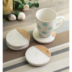 Creative Handmade Natural Half <b>White</b> Marble Half Wood Round Shaped <b>Coaster</b> Set of 4 <b>Coasters</b> Cup Holder for Home Tableware - Product Image 3