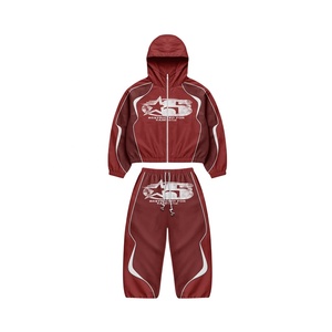 Unisex Tracksuit Hooded Full Length Loose Fit Polyester Streetwear Athletic Jogger Set Autumn <b>Red</b> With White Logo Print <b>Suit</b> - Product Image 2