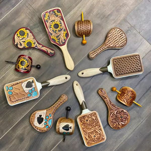 Engraved Tooled <b>Leather</b> Footprint Design 3 Pieces Hairbrush Hand Mirror & Hair Stick Vanity Sets Womens Travel Accessories - Product Image 5