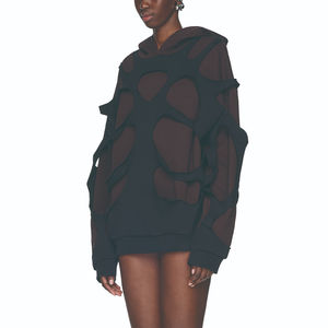 เสื้อฮู้ดดี้ผู้หญิงผ้าเฟรนช์เทอร์รี่เนื้อหนาแบบลำลอง ตัดเย็บด้วยเลเซอร์ ตัดเย็บสองชั้น สีบล็อก ดีไซน์ไหล่ตก - Product Image 4