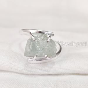 Rough <b>Stone</b> Jewelry Women's <b>Ring</b> Natural Aquamarine Raw Gemstone March Birthstone Prong Band Jewelry 925 Sterling <b>Silver</b> <b>Ring</b> - Product Image 1