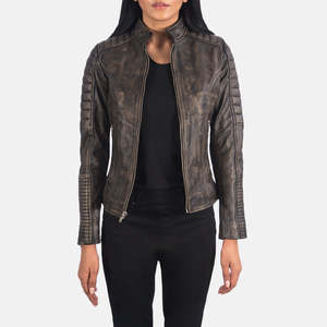 Adalyn Ladies Quilted Distressed Brown Leather Biker <b>Jacket</b> Winter <b>Western</b> Bomber Style Fringed Custom Polyester Cotton XL - Product Image 1
