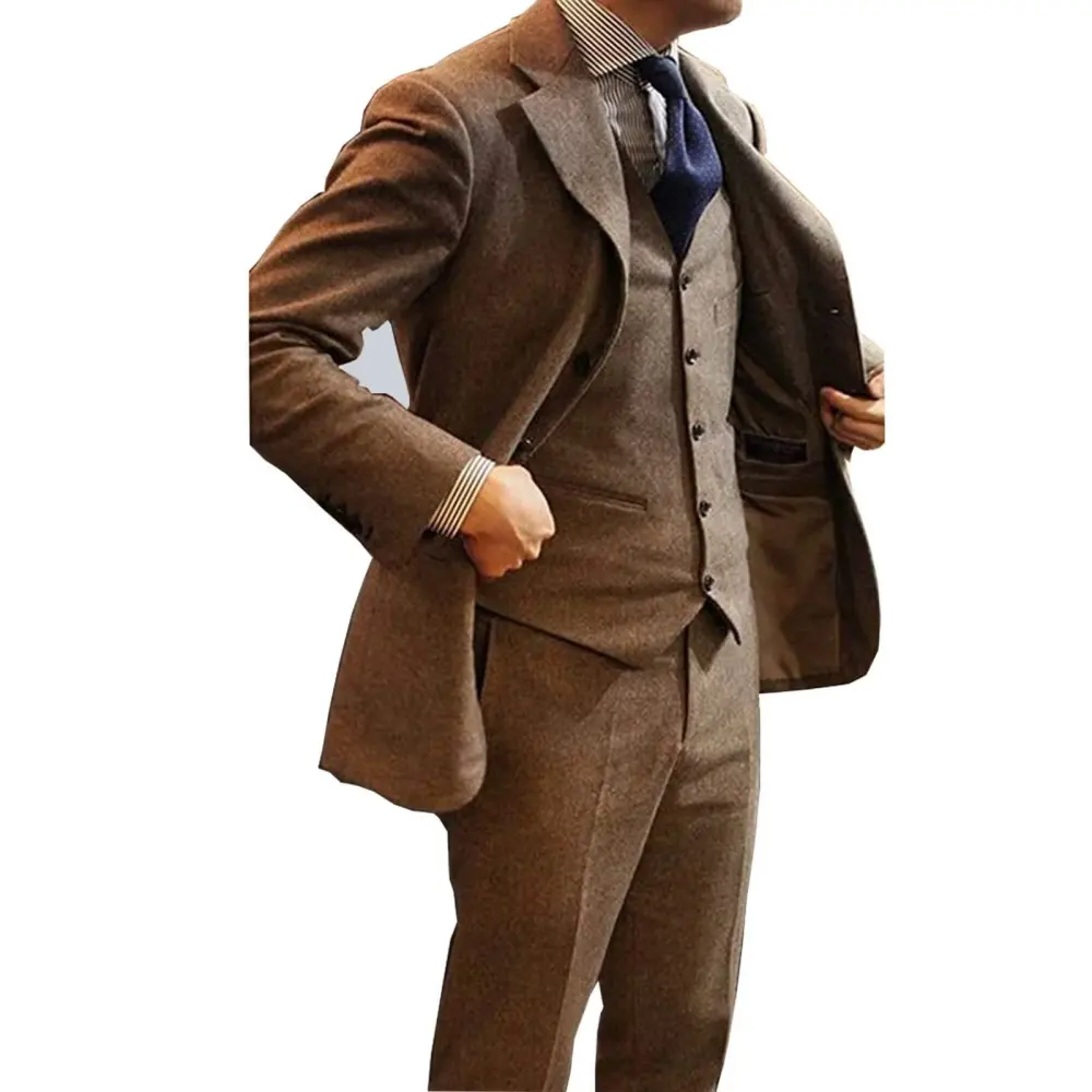 Men's 3 Pieces Suit Elegant Solid Wool Blend Slim Fit Single Breasted Party Blazer Vest Pants Set