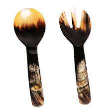 Cuchara para servir ensalada de cuerno de búfalo asequible, cuchara para servir ensalada de cuerno con mango y tenedor, cubiertos, servidor de ensalada de cuerno Natural con venta - Product Image 3