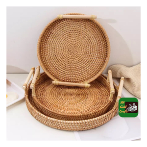ถาดไม้ไผ่หวายแฮนด์เมดถาดเสิร์ฟทรงกลมสำหรับชาผลไม้และของตกแต่งบ้านสไตล์ชนบทธรรมชาติ - Product Image 5
