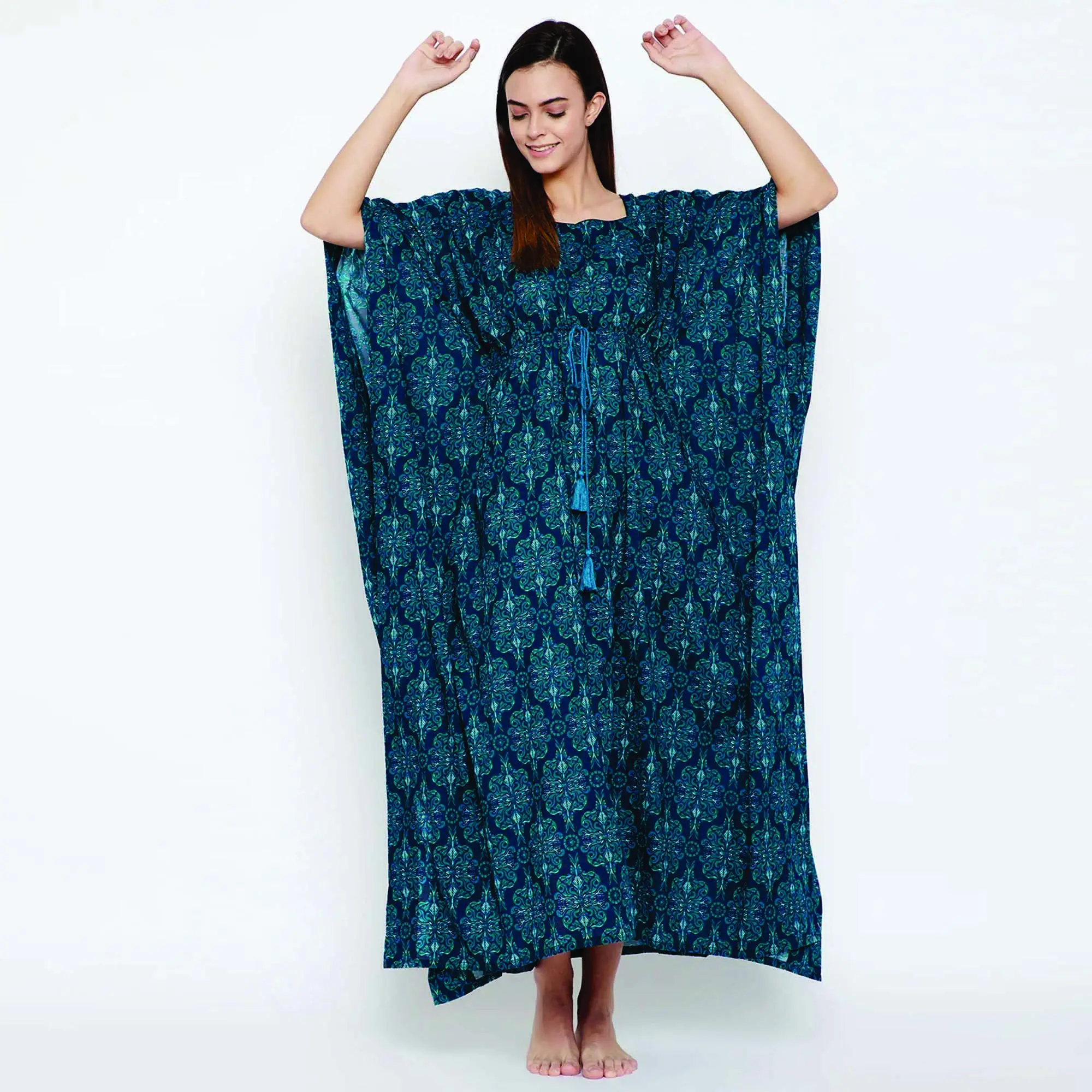 100% Cotton Comfort Fit Shaped Neckline with Piping Detail and Pockets Navy Blue Printed Kaftan