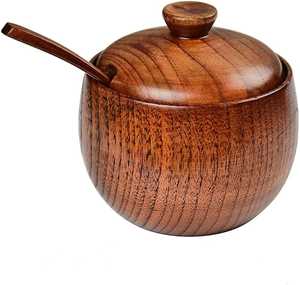 Tarro de Condimento de Madera de Azufaifo Antiguo con Tapa y Cuchara, Recipiente Redondo Artesanal para Almacenar Sal y Azúcar en la Cocina, Ecológico - Product Image 1