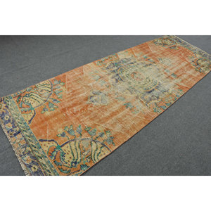 Alfombra turca verde naranja vintage clásica de 3,5ft X 10,6ft de área grande de lana de látex de retazos rectangulares abstractos para habitación de adolescentes - Product Image 2