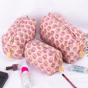 Indian Handmade Eco-Friendly Peach for Floral Quilted Zipper Water Resistant for Case <b>Set</b> Block Print Cosmetic <b>Makeup</b> - Product Image 3