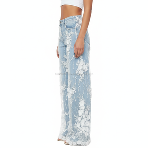 Pantalones Vaqueros Acampanados con Parches de Encaje Blanco para Mujer, Estilo Y2K, Casual, Streetwear, Alta Calidad, Alta Elasticidad, Retro, OEM/ODM - Product Image 2