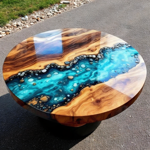 Table à manger en bois d'acacia en résine artisanale moderne de luxe, table de salon imperméable pour mariage, retraite, sympathie, Diwali - Product Image 5