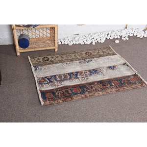 Tapis en laine vintage 2.9x3.6 pieds Beige bleu Patchwork Design fait à la main grande surface Rectangle pour salon chambre support en Latex - Product Image 2