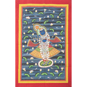 Arte Pichwai, Tapiz de Pared de Algodón Azul Bohemio, Diseño Nórdico Moderno Hecho a Mano para Decoración del Hogar, Formato de Cuerda de Algodón - Product Image 1