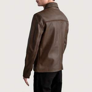 Veste en cuir marron personnalisée pour hommes, col montant, fermeture à glissière avec logo à l'avant, design décontracté pour l'hiver, service OEM, coupe-vent - Product Image 5