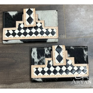 Factory Fashion Multi-Functional <b>Slim</b> Bifold Wallet Women Hand Tooled Checkered Leather Card Holder Cowhide Cash <b>Storage</b> Clutch - Product Image 1