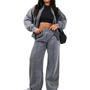 Ensemble de survêtement gris grande taille pour femme, coupe décontractée, sweat-shirt et pantalon à fermeture éclair intégrale, couleur unie, respirant, 100% coton - Product Image 3