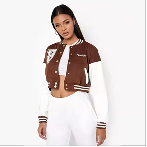 Chaquetas universitarias recortadas para mujer al por mayor, Top corto con manga de piel auténtica, chaquetas universitarias de béisbol de talla grande para mujer - Product Image 3