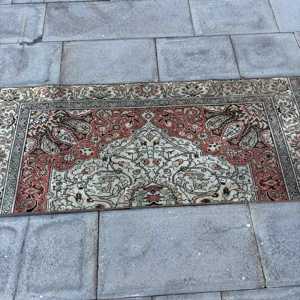 2x4.8 ft Vintage Turkish Small <b>Red</b> Brown Patchwork <b>Wool</b> Rug Eco Friendly with Latex Backing - Product Image 3