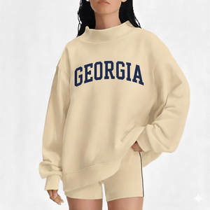 Sweat-shirt en molleton de coton à col montant surdimensionné pour femmes, imprimé avec un badge à paillettes, style moderne décontracté, streetwear automne-hiver - Product Image 1