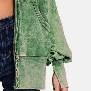 Nueva moda personalizada ácido Zip up Hoodie para mujer sólido Vintage Look Oversized poliéster algodón Casual invierno ecológico - Product Image 6