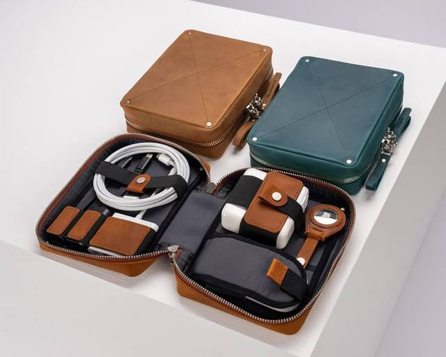 Unisex Modern Travel Cord Organizer by Casetech Genuine Leather Electronic Case with Essential Charger Cable Management
