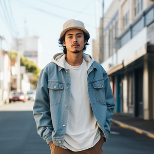 Poches polyvalentes Manteaux en jean style urbain pour hommes Nouveau printemps Boutonné Surdimensionné Bleu Vestes en jean à capuche pour homme - Product Image 1