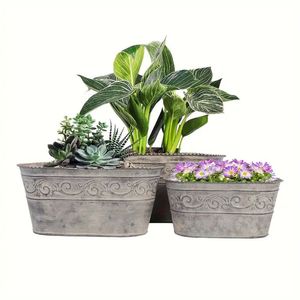 Lot de 3 pots de fleurs modernes et vintage en métal galvanisé faits à la main Jardinières extérieures avec poignée design personnalisé Vase seau - Product Image 2