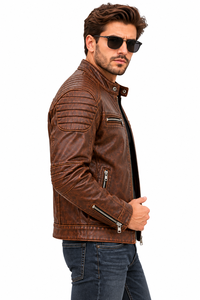 Men Distressed Vintage Genuine Leather Bomber Jacket Biker Retro Cafe <b>Racer</b> Motorcycle Cowhide Zipper Street Stylish Casual - Product Image 3