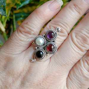 Women's Handmade <b>Statement</b> <b>Ring</b> in Sterling Silver with Garnet Amethyst Pearl Black Onyx Multi-Gemstone for Party - Product Image 1