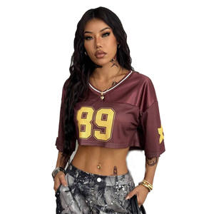 <b>Cropped</b> American Football Jersey Women's Mesh V-Neck <b>Top</b> Hip Hop <b>Burgundy</b> Yellow Oversized Short Sleeve Streetwear Tee Soccer - Product Image 1