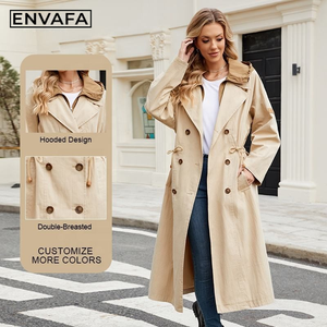 Gabardina Larga Color Caqui de Alta Calidad, Personalizada, Resistente al Viento, para Mujer, con Cordón Ajustable, Doble Botonadura y Capucha - Product Image 1