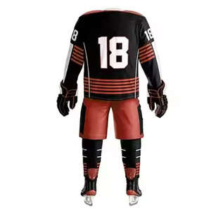 Ensemble complet d'uniformes de hockey sur glace, maillot personnalisé sublimé, pantalon assorti, chaussettes, joueur 18, noir, rouge rayé, bleu royal, orange, sport - Product Image 3