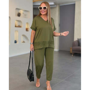 Women's Short-Sleeved V-Neck <b>Sequined</b> Viscose Two-Thread Blouse and <b>Pants</b> Two-Piece Set, 36145 - Khaki - Product Image 3
