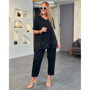 Women's Short-Sleeved V-Neck <b>Sequined</b> Viscose Two-Thread Blouse and <b>Pants</b> Two-Piece Set, 33169 - Black - Product Image 2